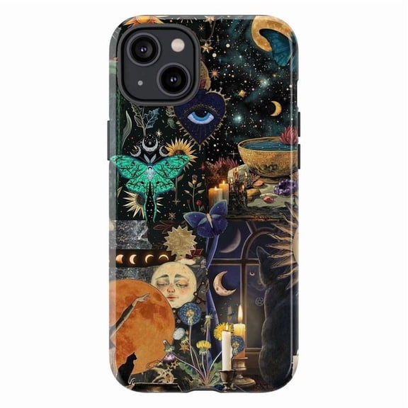 Celestial Mystical Phone Case with Moon Phases, Butterflies & Candlelight, Magical Night Sky Design for iPhone 16 15 14 13 12 Pro Max Plus Mini
