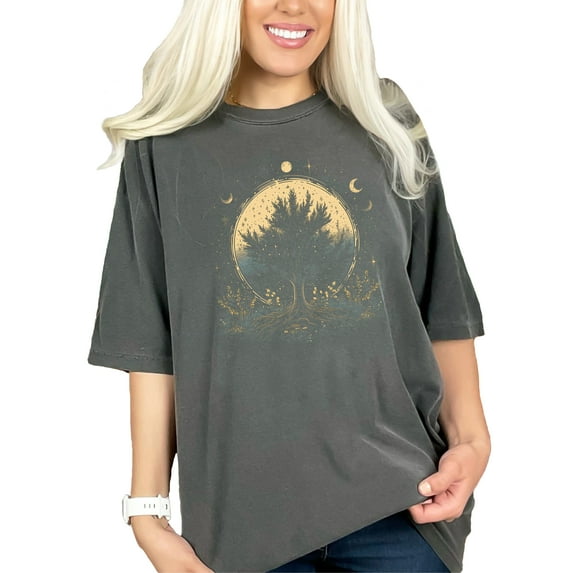 Celestial Nature Tree Graphic Tee, Moon and Stars Illustration Shirt, Mystical Forest Art T-Shirt, Boho Style Apparel Gift, Pepper Comfort Colors T-Shirt, XL