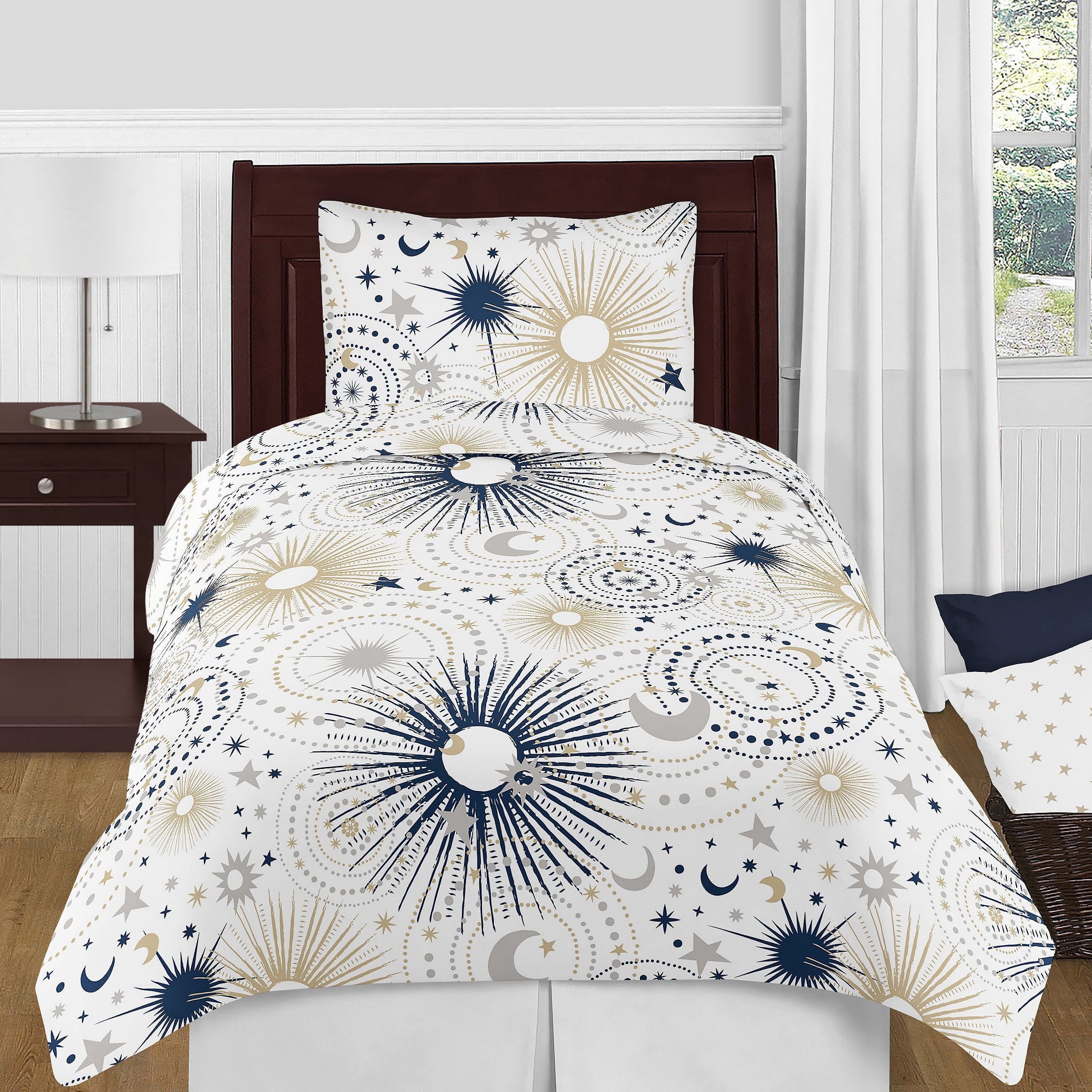 Sweet Jojo Designs Celestial Blue Gold and Grey Twin Bed Comforter 4 Piece Bedding Set