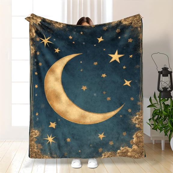 Celestial Night Sky Flannel Throw Blanket with Golden Stars and Crescent Moon Design, Soft Cozy Cover for Sofa, Bed, Car, or Camping - Multicolor All-Season Decorative Blanket 280gsm