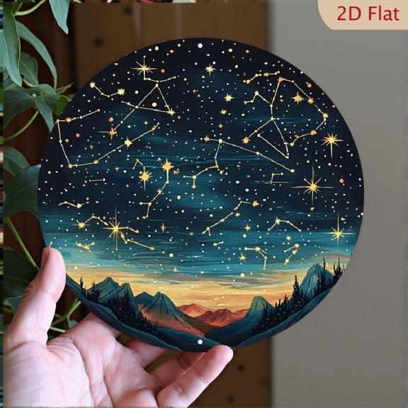 Celestial Night Sky Round Aluminum Wall Art, Starry Constellation Landscape Metal Print, Decorative Mountain Silhouette Wall Decor for Home Office 8 x 8 Inch