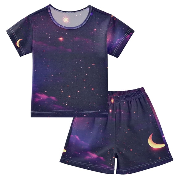 Celestial Night Sky Summer Pajama Set Soft Cotton Short Sleeve Sleepwear 2PCS Pajama Sets Breathable Lounge Set Size 12Y