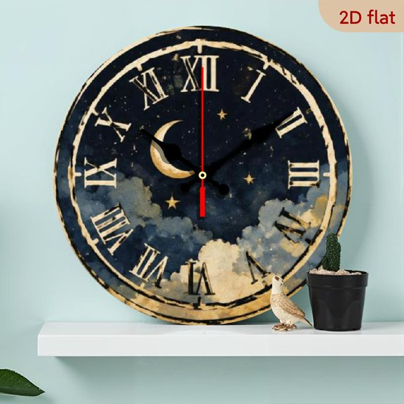 Celestial Night Sky Wall Clock with Moon Stars Clouds Design & Roman Numerals, Silent Battery Operated Decorative Clock for Bedroom Living Room Office Dorm, Unique Gift for Family Friends 10*10i