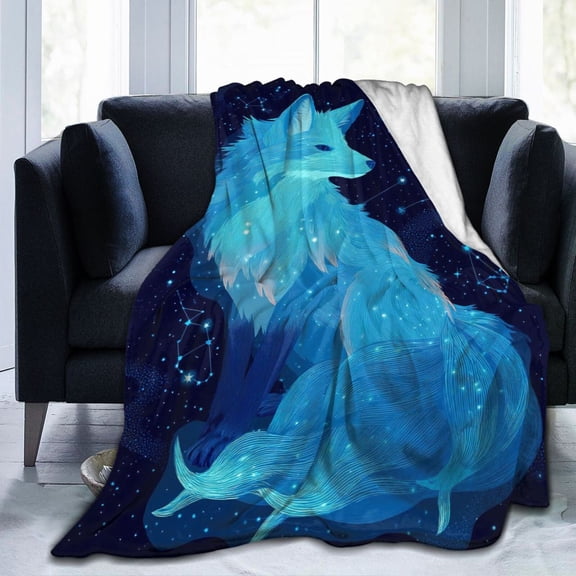 Celestial Nine-Tailed Fox Throw Blanket, Japanese Kitsune Inspired Artwork, Soft Flannel Fleece, Decorative Fantasy Style 50x40