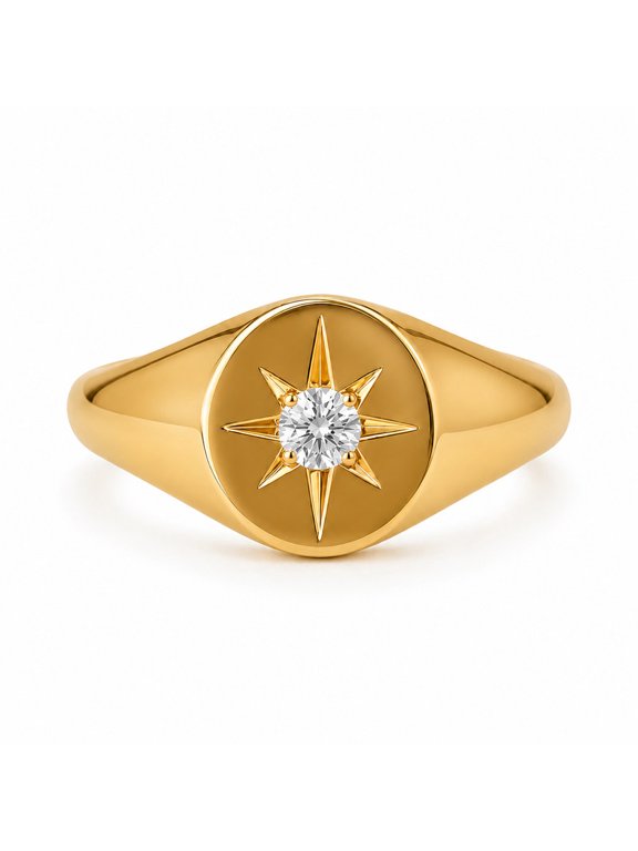 Celestial North Star Diamond Signet Ring, Starburst Center and North Star Ring, Wedding Ring For Her, Dainty Engagement Ring, Handmade Jewelry