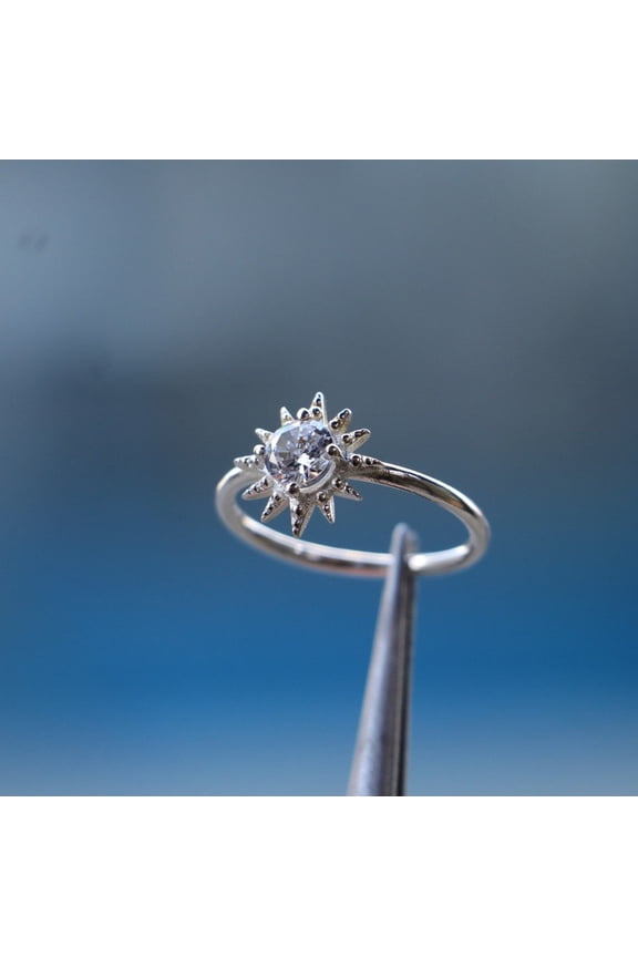 Celestial North Star Ring – Moissanite Diamond Alternative – Starburst Engagement Ring – 925 Sterling Silver Wedding Ring