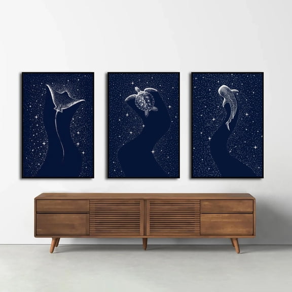 Celestial Ocean Art Prints Starry Marine Life Wall Art Cosmic Turtle Poster Navy Blue Decor Set 3