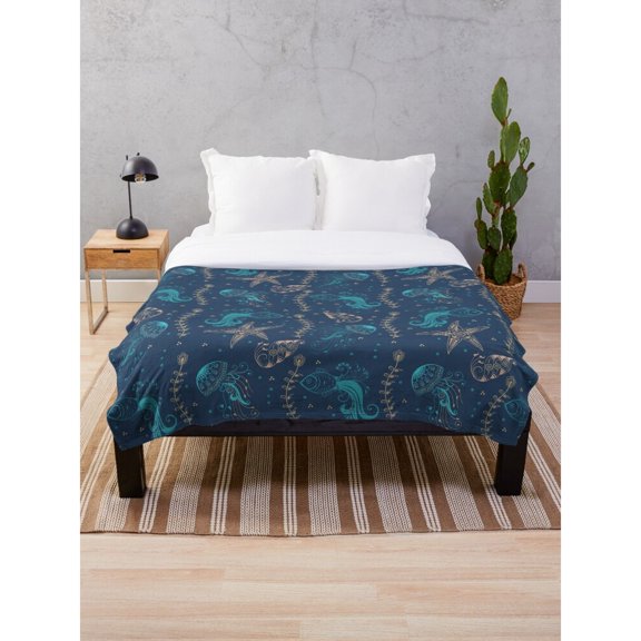 Celestial Ocean Jellyfish and Crescent Moon Navy Fleece Blanket, Polyester Fleece Fabric, 280 GSM, Couch or Bed