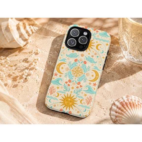 Celestial Ocean Sun Moon Wave and Compass Design Tough Phone Case, Dual-Layer Protective Cover for iPhone