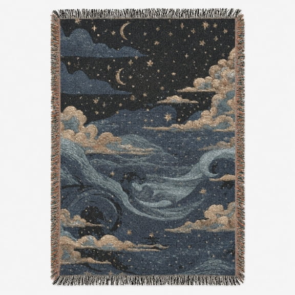 Celestial Ocean Waves Navy Blue Woven Blanket, 100% Cotton, Coastal Night Sky Decor