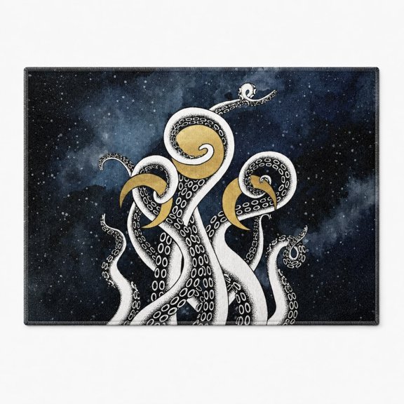 Celestial Octopus Doormat with Non-Slip Backing, Dark Moon Phase Entry Mat