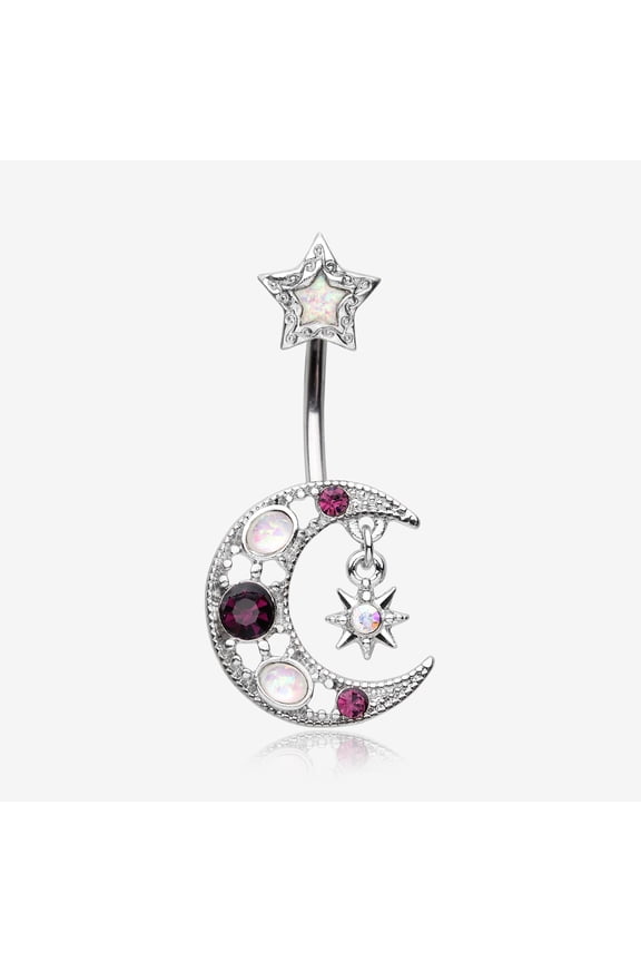 Celestial Opal Moon Star Belly Button Ring-Purple/White