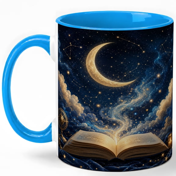 Celestial Open Book 11oz Ceramic Mug, Moon and Stars Coffee Cup