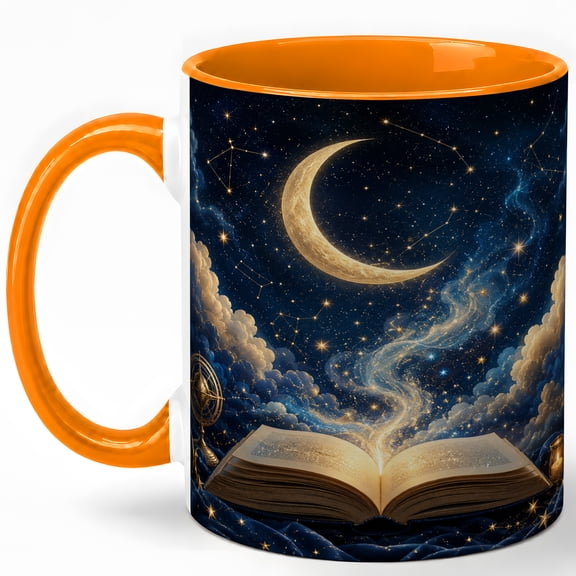 Celestial Open Book 11oz Ceramic Mug, Moon and Stars Coffee Cup