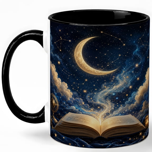 Celestial Open Book 11oz Ceramic Mug, Moon and Stars Coffee Cup
