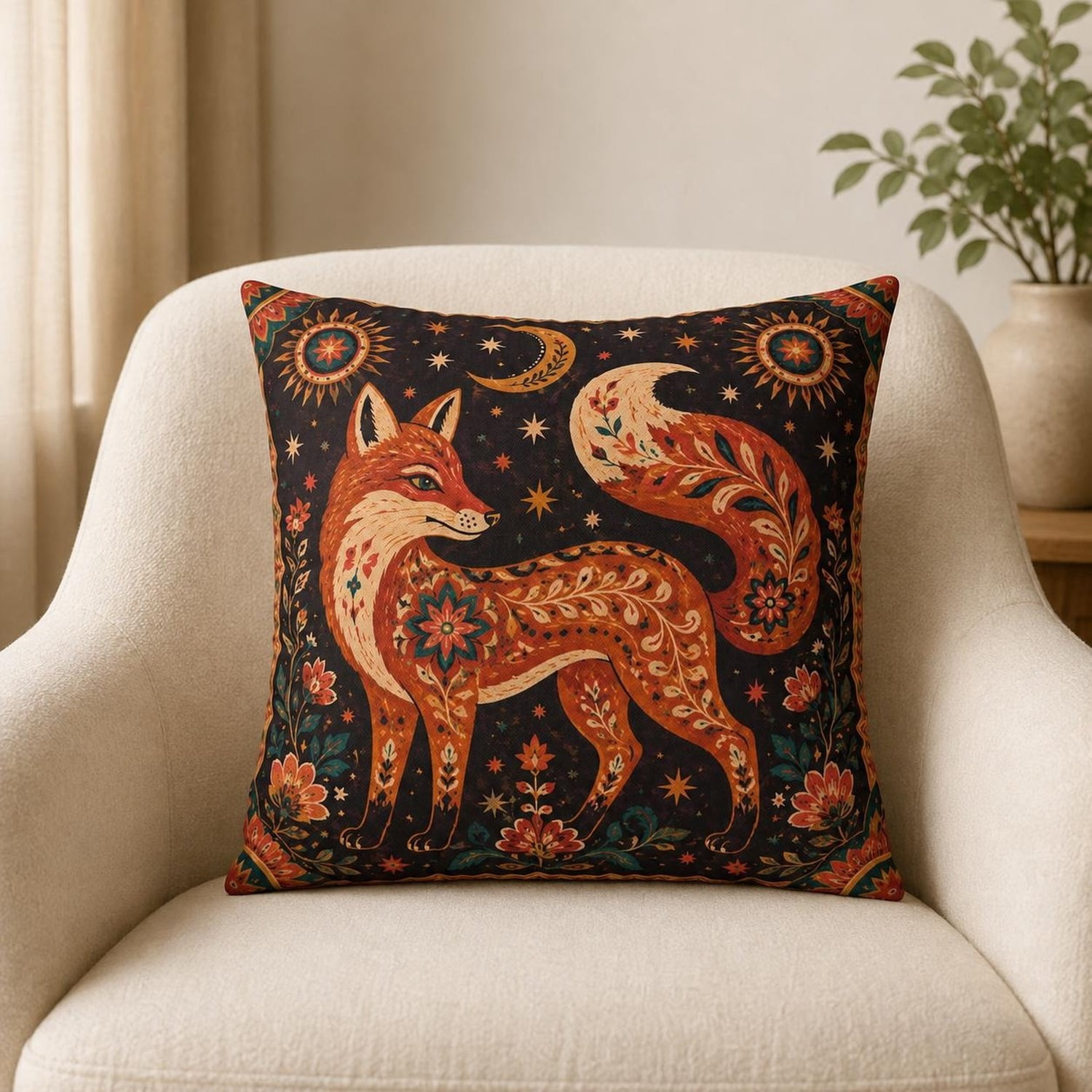 Mon Rusting Celestial Ornamental Fox Rust Orange and Black Square Pillow Case ...