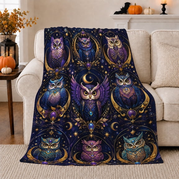 Celestial Owl Grid Pumpkins Halloween, Festive Halloween Scene, Warm Flannel Blanket for Living Room and Reading Nook, Art Lovers Halloween Gift, Festive Home Decor