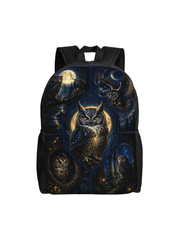 Celestial Owl Moon Backpack Full Front Print Travel Laptop Bag for Men and Women
