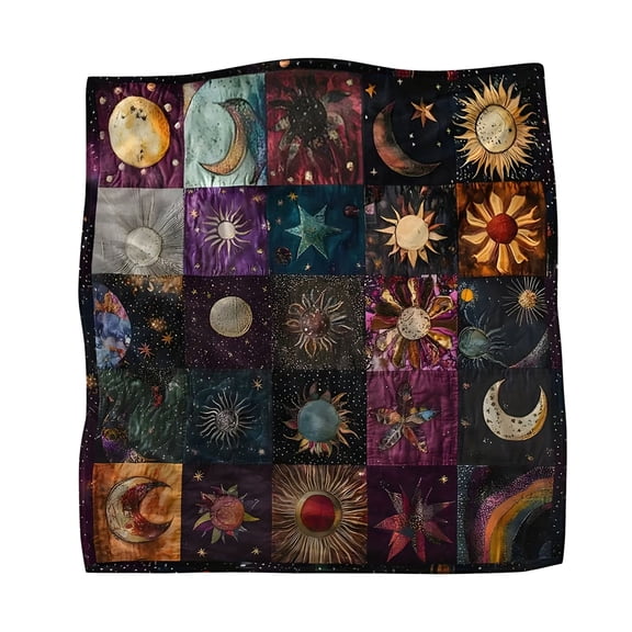 Celestial Patterned Quilt Blanket with Sun Moon and Star Motifs Artistic Patchwork Design for Bed Sofa or Couch Use