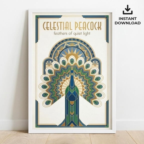 Celestial Peacock Wall Art | Art Deco Style Blue Gold Bird Poster, Unframed Paper Poster 11x14in