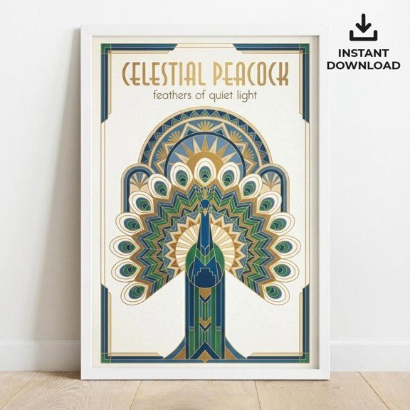 Celestial Peacock Wall Art | Art Deco Style Blue Gold Bird Poster, Unframed Paper Poster 8x10in
