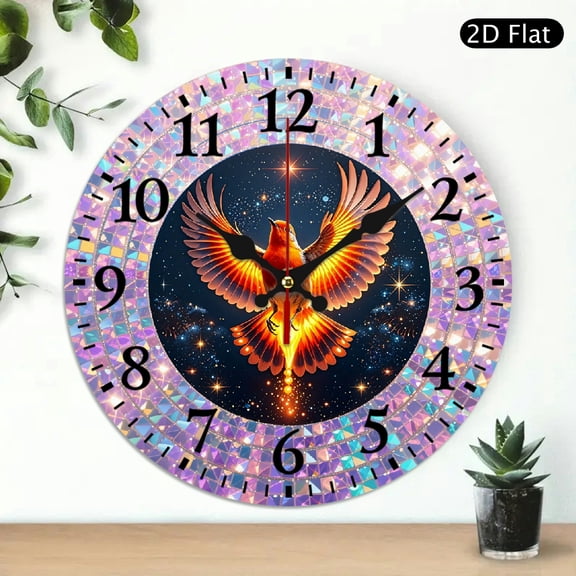Celestial Phoenix Wall Clock, Vibrant Fire Bird Cosmic Art Design, Round 10x10 Inch Decorative Hanging Clock, Battery Not Included, 1pc