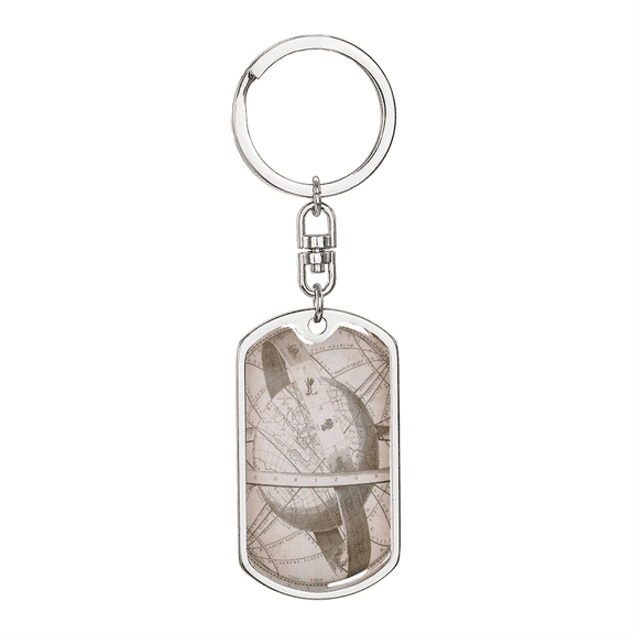 Celestial Planet With Disc Dog Tag Keychain Stainless Steel Silver Tone or Gold Tone