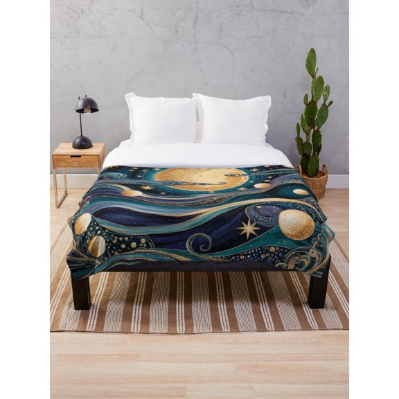 Celestial Planets, Moons and Stars Navy Blue and Gold Fleece Blanket, Polyester Fleece Fabric, 280 GSM, Cosmic Swirl Style