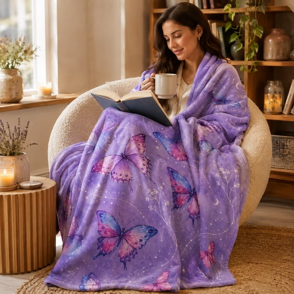 Celestial Purple Butterfly Throw Blanket, Lavender Moon and Constellation Wing Art with Stars for Sofa, Bed, Reading Nook and Evening Relaxation, 30 x 40 in