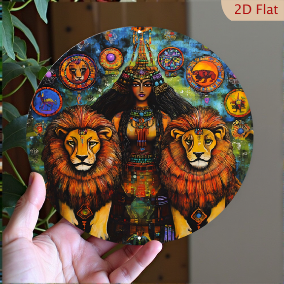 Celestial Queen and Lions Round Metal Wall Art, 8x8 Inch Aluminum Circular Decor, Bohemian Mystical Astrology Wall Hanging for Living Room Bedroom Office