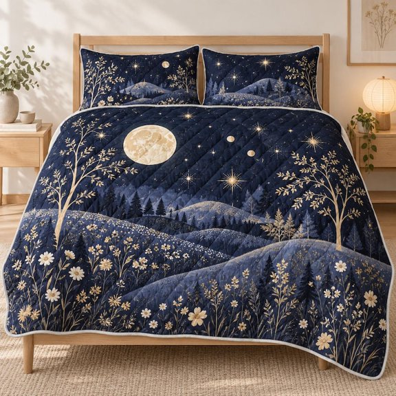 Celestial Quilt Bedding Set, Navy Moon and Stars Bedspread, Night Sky Floral Quilt, Boho Celestial Bedroom Decor