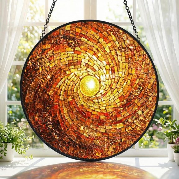 Celestial Rainbow Sun Stained Glass Suncatcher, Round Glass Window Hanging, 60th Birthday Gift for Mum Art Decor