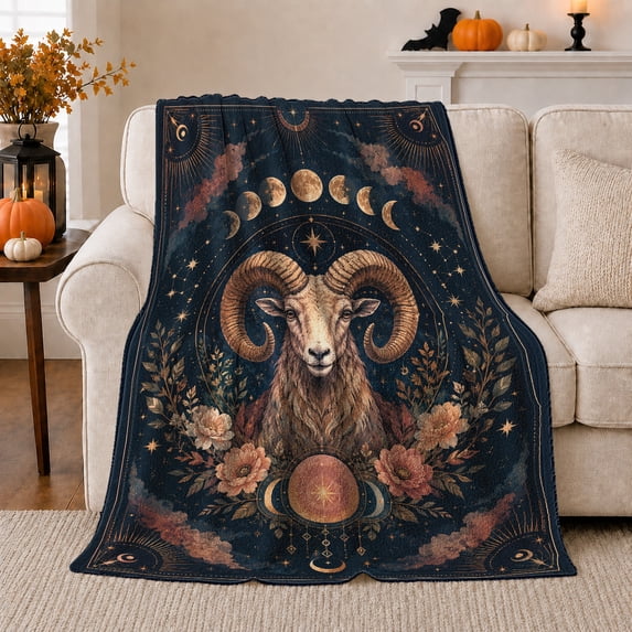 Celestial Ram with Moon Phases, Mystical Fantasy Style for Zodiac Fans, Crescent Emblem Scene, Warm Flannel Blanket for Sunroom and Reading Nook, Housewarming Gift and Cosmic Home Decor