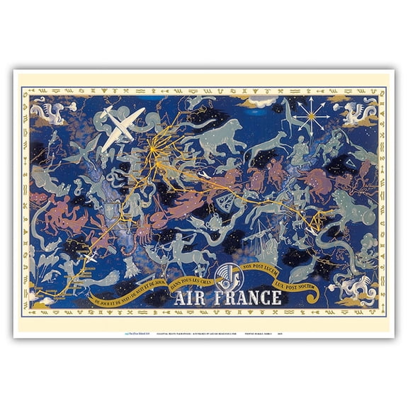 Celestial Route Planisphere - France - In All The Skies - Zodiac Signs - Vintage Airline Travel Poster by Lucien Boucher c.1938 - Master Art Print 10in x 14in
