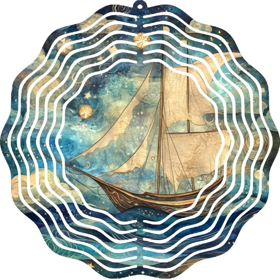 Celestial Sailboat Metal Wind Spinner 10" Nautical Sun Moon Outdoor Garden Decor
