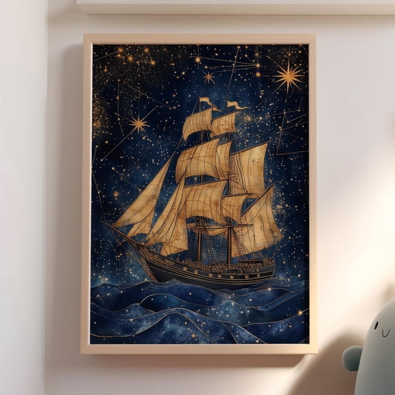 Celestial Sailing Ship Wall Art Blue Gold Nautical Decor, Unframed Paper Print Size 8x12