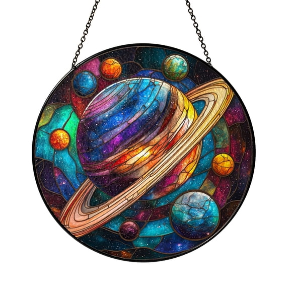 Celestial Saturn Orbit Scene Glass Suncatcher Round Window Ornament, Space Inspired Decor Gift