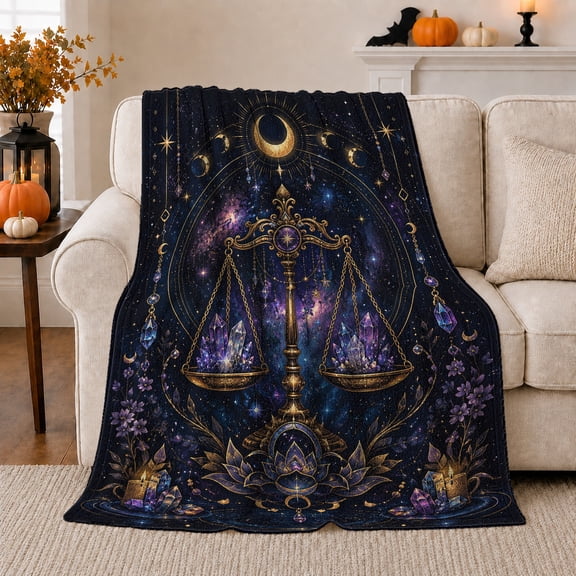 Celestial Scale Of Libra Mystical Design Crystals Moon, Cozy Friendship Quote Scene, Warm Flannel Blanket for Living Room and Reading Nook, Art Lovers Friendship Gift, Artistic Home Decor