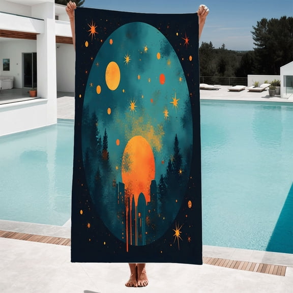 Celestial Scene Bath Towel - Large Orange Moon & Starry Night Design Perfect for Beach Pool or Travel - Soft & Absorbent