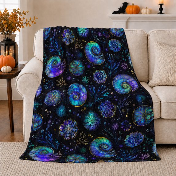 Celestial Sea Shells, Festive Halloween Scene, Warm Flannel Blanket for Beach House and Living Room with Detailed Artwork, Art Lovers Halloween Gift, Festive Home Decor