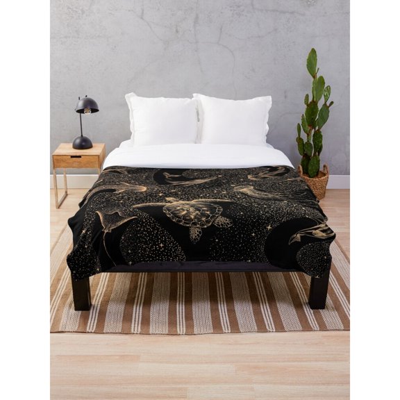 Celestial Sea Turtle and Manta Ray Black and Gold Fleece Blanket, Polyester Fleece Fabric, 280 GSM, Ocean Style