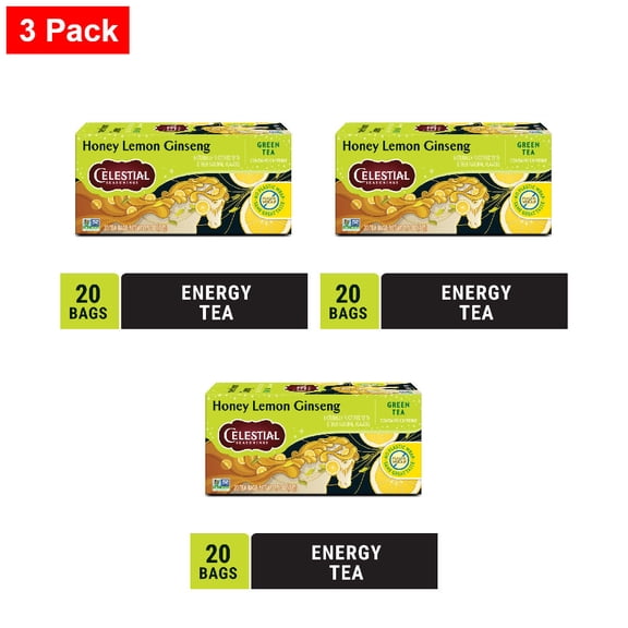Celestial Seasonings Caffeinated Honey Lemon Ginseng Green Tea 20 ct - 3 Pack
