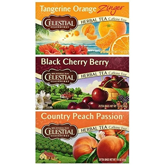 Celestial Seasonings Caffeine Free Herbal Tea 3 Flavor Variety Bundle, (1) Each: Tangerine Orange, Black Cherry Berry, Country Peach Passion (20 Count)