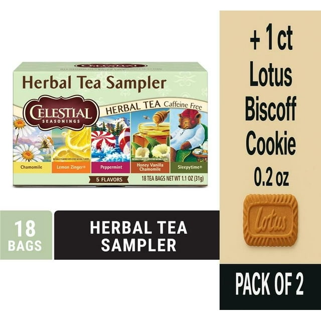 Celestial Seasonings Caffeine Free Herbal Tea Sampler Pack 18 ct - Pack of 2 & Lotus Biscoff Cookie - 0.2 Oz - 1 ct