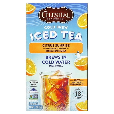 Celestial Seasonings, Cold Brew Iced Tea, Citrus Sunrise, Caffeine Free, 18 Tea Bags, 1.2 oz