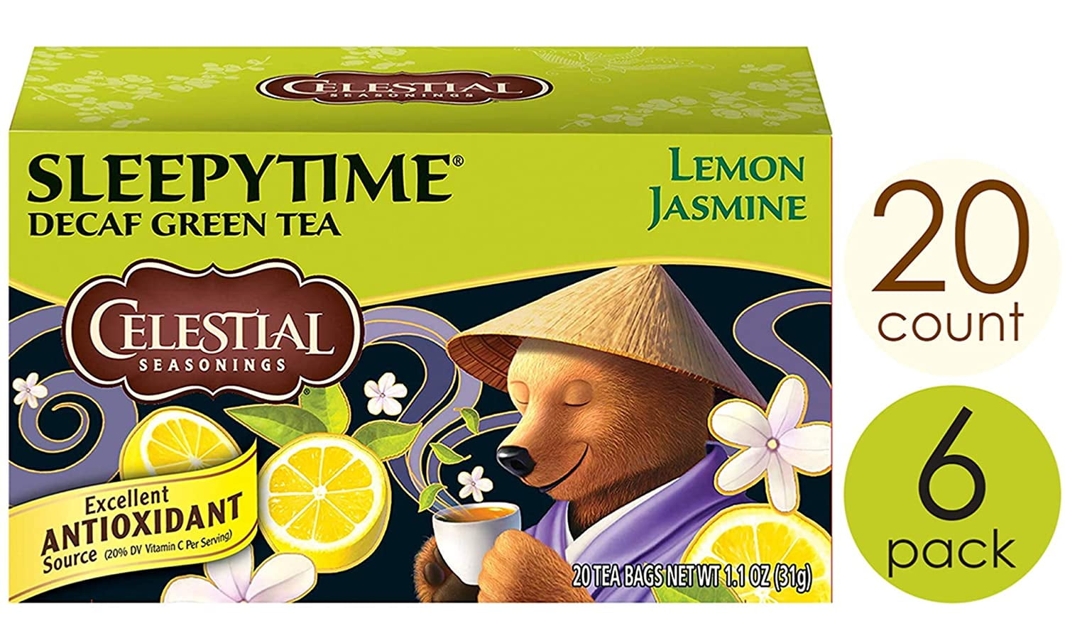 Celestial Seasonings Green Tea, Sleepytime Decaf Lemon Jasmine, 20 Count (Pack of 6)
