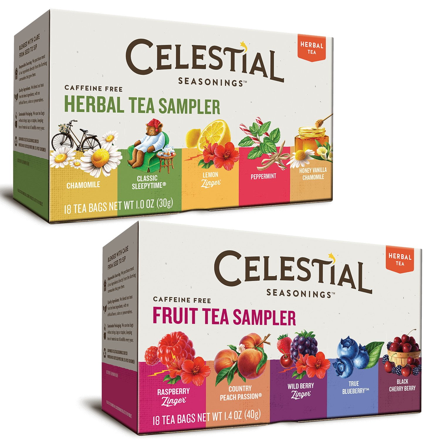 Celestial Seasonings Herbal Tea Flavor Bundle 2 Boxes; Herbal Tea Sampler, Fruit Tea Sampler