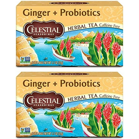 Celestial Seasonings Herbal Tea, Ginger Plus Probiotics, 20 Count, (Pack Of 2)