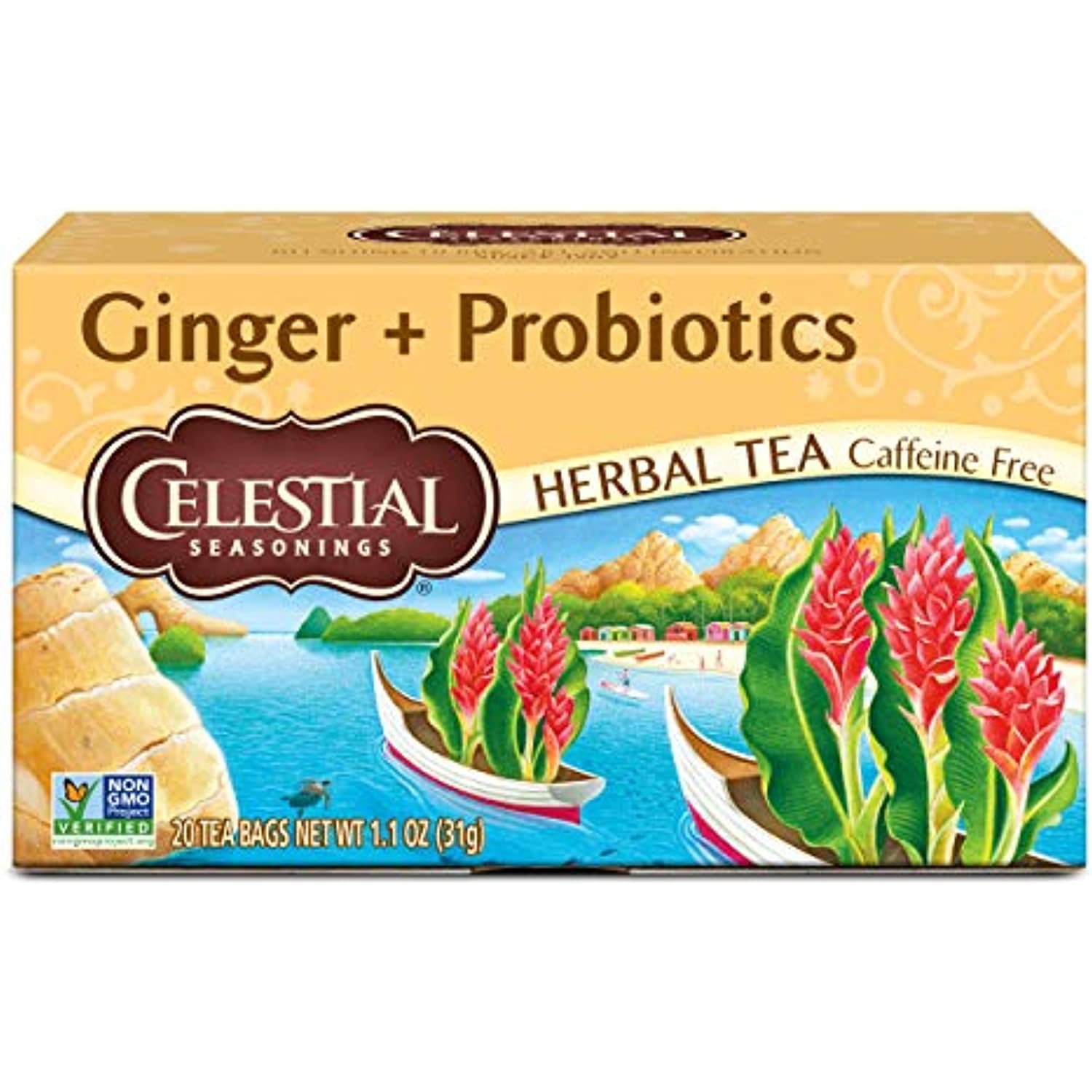 Celestial Seasonings Herbal Tea, Ginger Plus Probiotics, Caffeine Free, 20 Count (Pack Of 6)