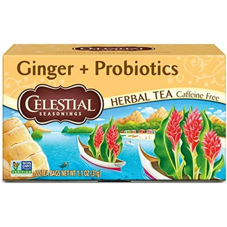 Celestial Seasonings Herbal Tea, Ginger Plus Probiotics, Caffeine Free, 20 Count (Pack Of 6)